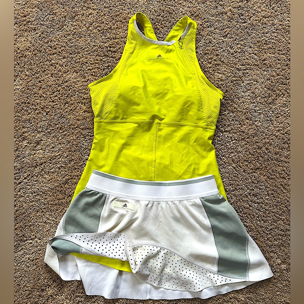 Adidas Stella McCartney tennis outfit, chartreuse/white/gray